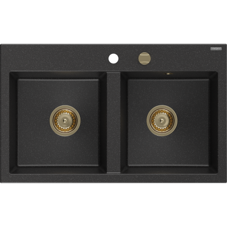 Mexen Hektor Granite Sink 2-Compartment 800 x 480 mm, Black/Silver Metallic, Gold Siphon - 6521802000-73-G