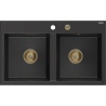 Mexen Hektor granieten gootsteen 2-vaks 800 x 480 mm, zwart/zilver metallic, gouden sifon - 6521802000-73-G