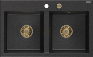 Mexen Hektor granieten gootsteen 2-vaks 800 x 480 mm, zwart/zilver metallic, gouden sifon - 6521802000-73-G