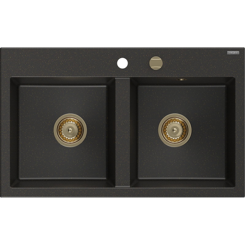 Mexen Hektor granitische gootsteen 2-kamers 800 x 480 mm, zwart/goud metallic, gouden sifon - 6521802000-75-G