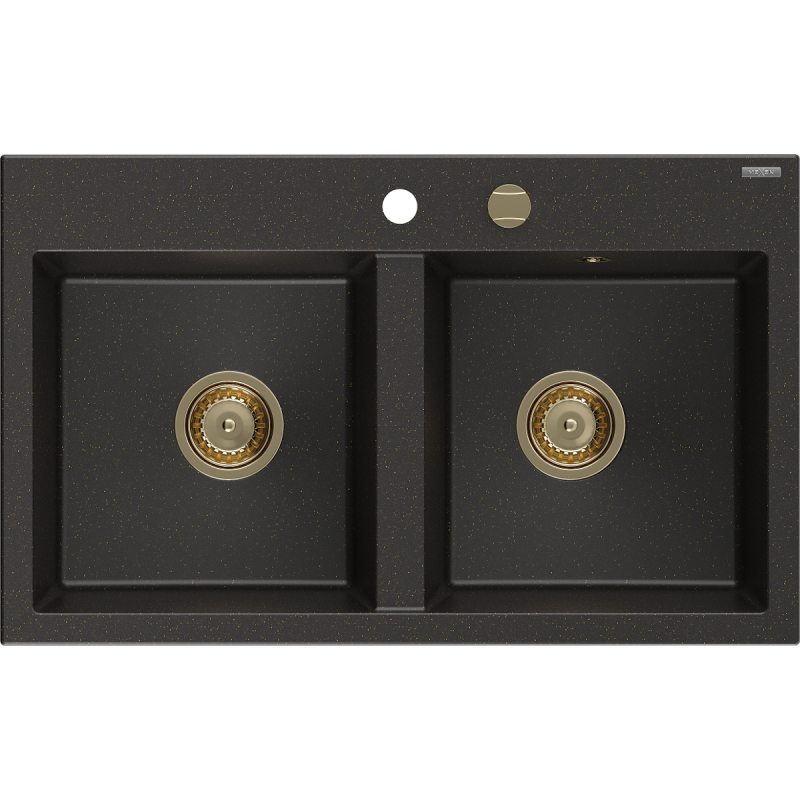 Mexen Hektor Granitspüle 2-Becken 800 x 480 mm, Schwarz/Gold Metallic, Siphon Gold - 6521802000-75-G