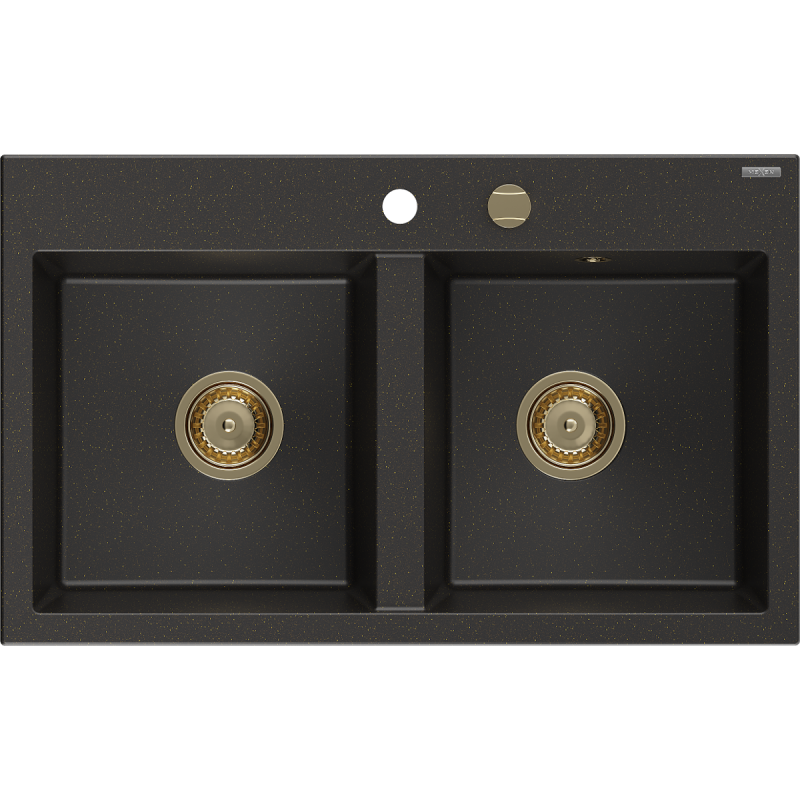Mexen Hektor lava-loiça de granito de 2 cubas 800 x 480 mm, preto/dourado metálico, sifão dourado - 6521802000-75-G