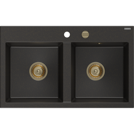 Mexen Hektor zlewozmywak granitowy 2-komorowy 800 x 480 mm, czarny/złoty metalik, syfon złoty - 6521802000-75-G