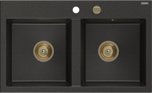 Mexen Hektor granieten spoelbak 2-kamer 800 x 480 mm, zwart/goud metallic, gouden sifon - 6521802000-75-G