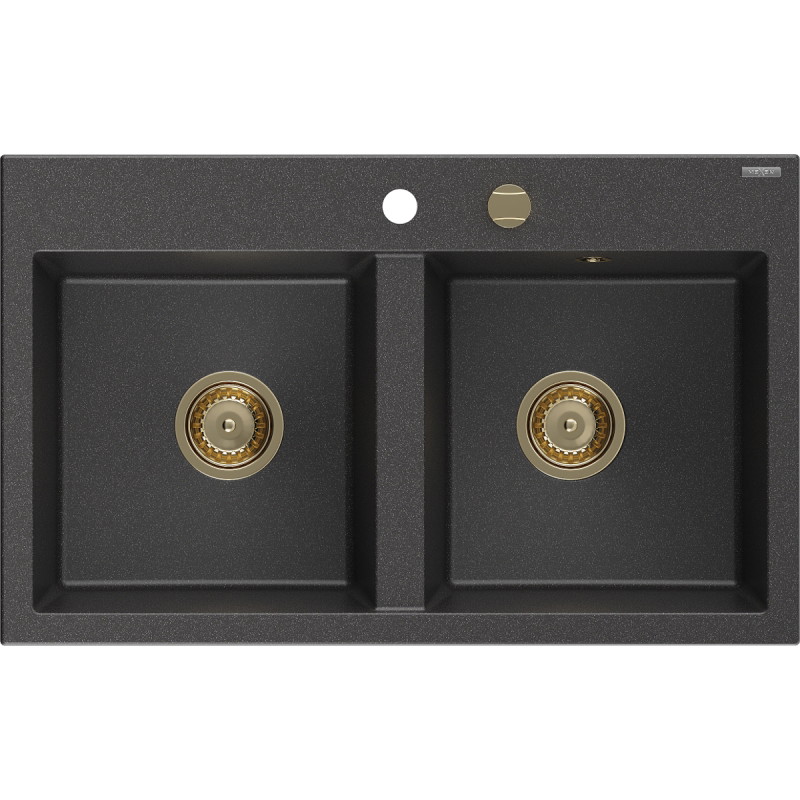 Mexen Hektor granitni sudoper s dvije komore 800 x 480 mm, crni s točkicama, zlatni sifon - 6521802000-76-G