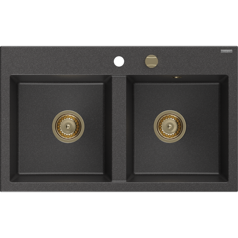 Mexen Hektor Granitspüle 2-Becken 800 x 480 mm, schwarz gesprenkelt, goldener Siphon - 6521802000-76-G