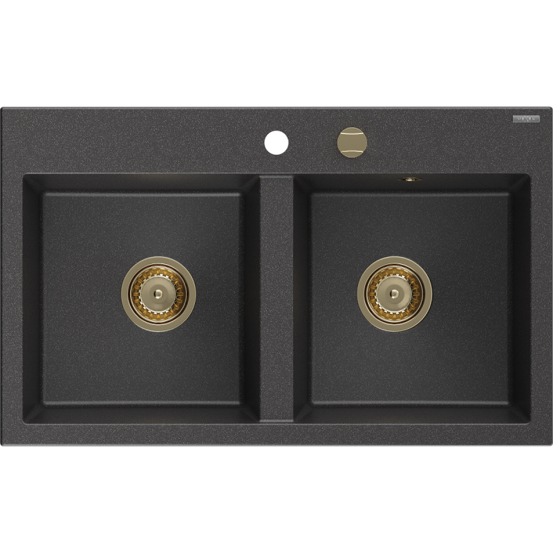 Mexen Hektor lavello da cucina in granito 2 vasche 800 x 480 mm, nero maculato, sifone dorato - 6521802000-76-G