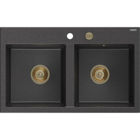 Mexen Hektor Granitspüle 2-Becken 800 x 480 mm, schwarz gesprenkelt, goldener Siphon - 6521802000-76-G