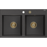 Mexen Hektor Granitspüle 2-Becken 800 x 480 mm, schwarz gesprenkelt, goldener Siphon - 6521802000-76-G