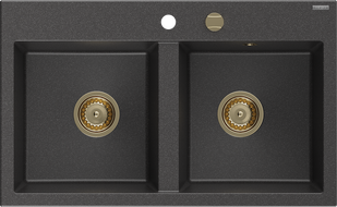 Mexen Hektor Granitspüle 2-Becken 800 x 480 mm, schwarz gesprenkelt, goldener Siphon - 6521802000-76-G