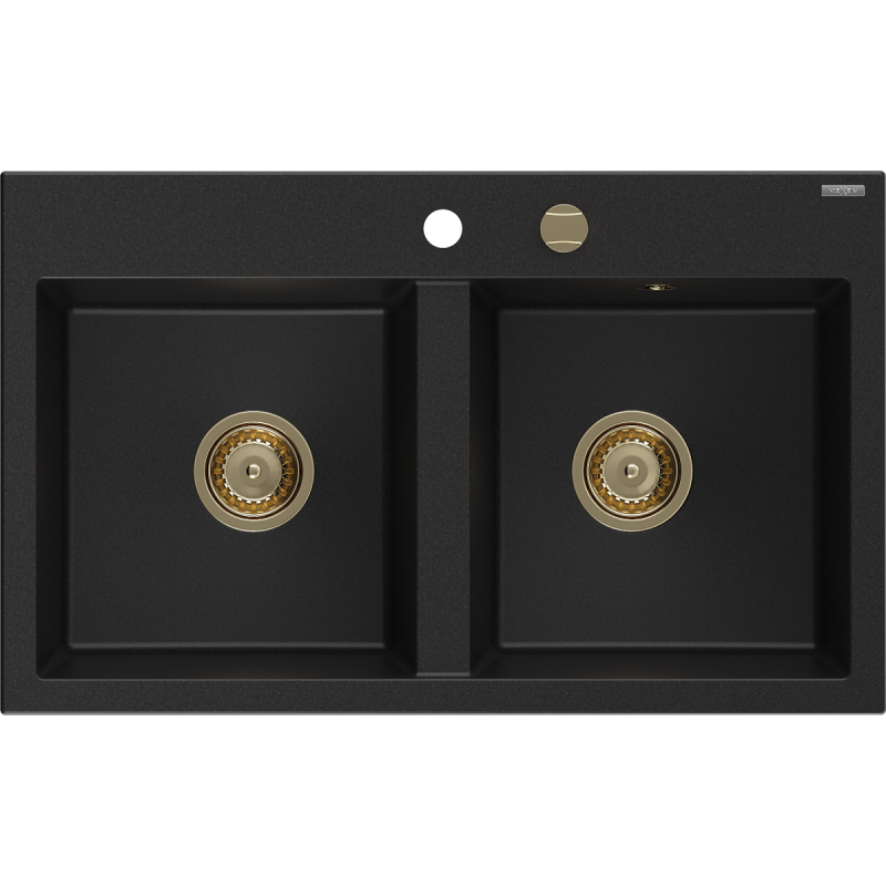 Mexen Hektor graniittinen 2-osainen tiskiallas 800 x 480 mm, musta, kultainen sifoni - 6521802000-77-G