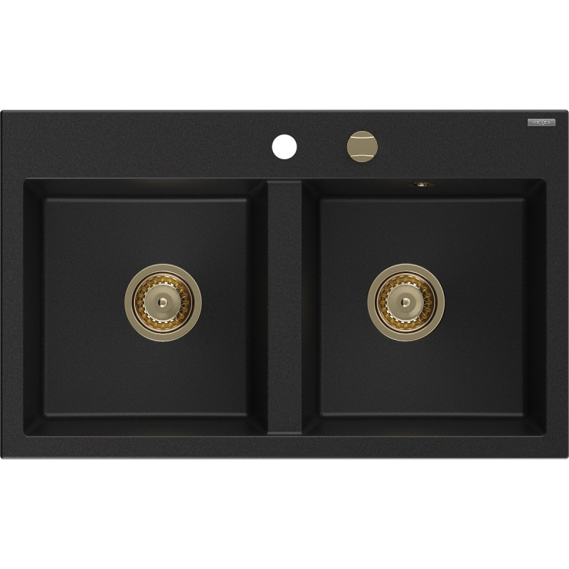 Mexen Hektor granitni sudoper s 2 komore 800 x 480 mm, crni, zlatni sifon - 6521802000-77-G