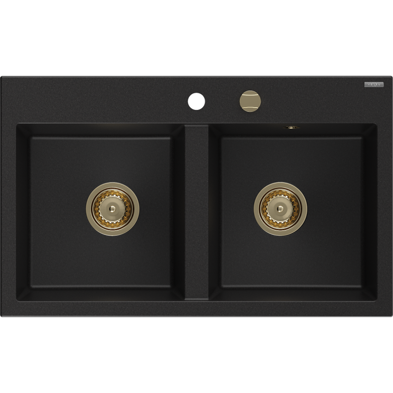 Mexen Hektor Granitspüle 2-Kammer 800 x 480 mm, schwarz, goldener Siphon - 6521802000-77-G