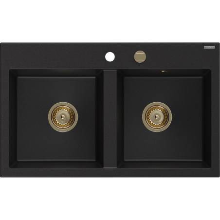 Mexen Hektor fregadero de granito de 2 senos 800 x 480 mm, negro, sifón dorado - 6521802000-77-G