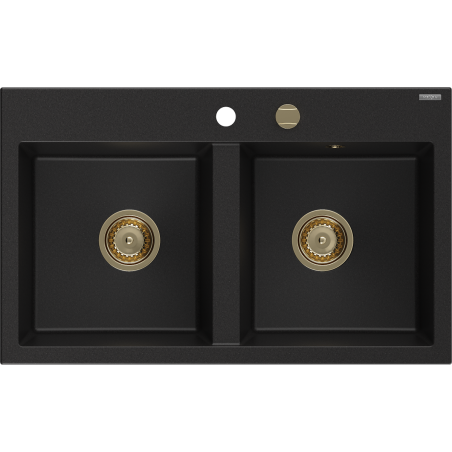 Mexen Hektor granieten gootsteen 2-kamerig 800 x 480 mm, zwart, gouden sifon - 6521802000-77-G