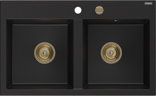 Mexen Hektor fregadero de granito de 2 senos 800 x 480 mm, negro, sifón dorado - 6521802000-77-G