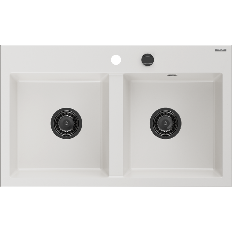 Mexen Hektor granieten gootsteen met 2 kamers 800 x 480 mm, wit, zwarte sifon - 6521802000-20-B