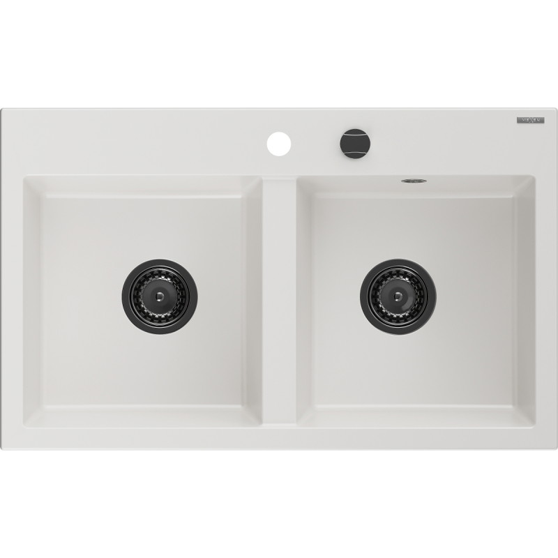 Mexen Hektor graniitist 2-kambriline köögivalamu 800 x 480 mm, valge, must sifoon - 6521802000-20-B