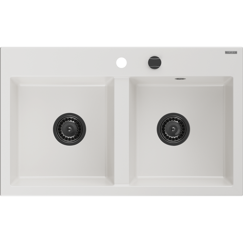Mexen Hektor granite sink 2-bowl 800 x 480 mm, white, black siphon - 6521802000-20-B