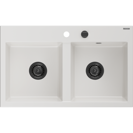 Mexen Hektor granieten gootsteen met 2 kamers 800 x 480 mm, wit, zwarte sifon - 6521802000-20-B