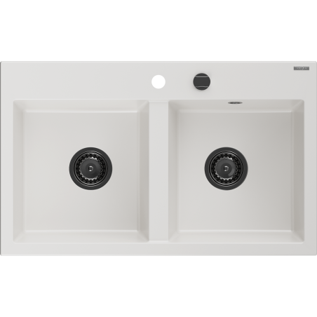 Mexen Hektor granite sink 2-bowl 800 x 480 mm, white, black siphon - 6521802000-20-B
