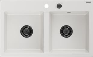 Mexen Hektor granite sink 2-bowl 800 x 480 mm, white, black siphon - 6521802000-20-B