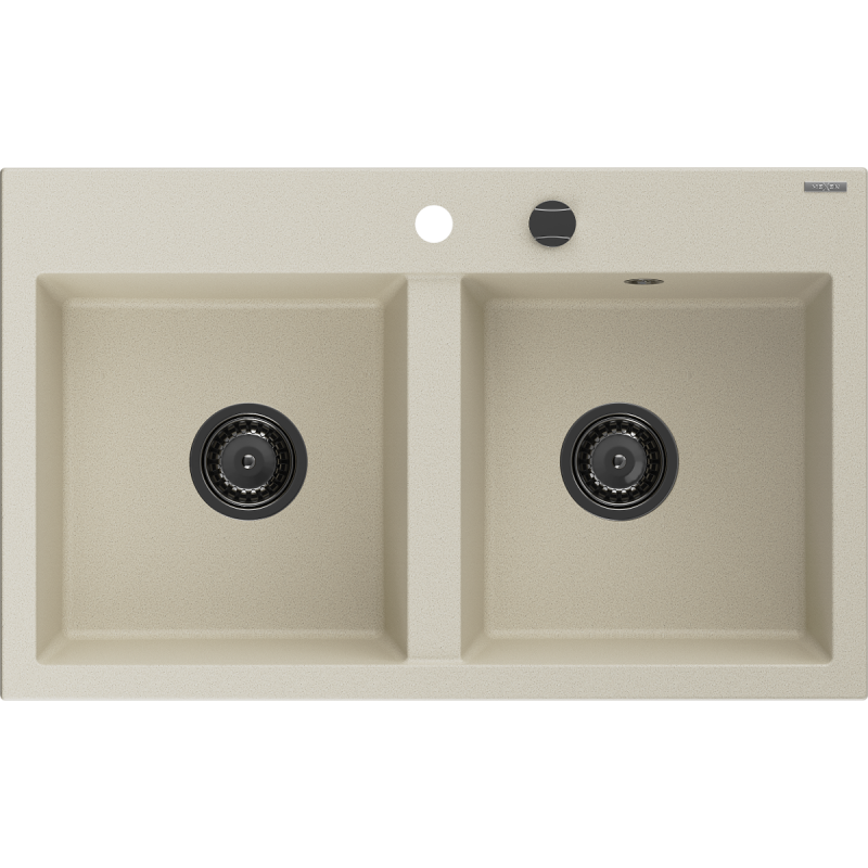 Mexen Hektor granieten spoelbak met 2 kamers 800 x 480 mm, beige, zwarte sifon - 6521802000-69-B