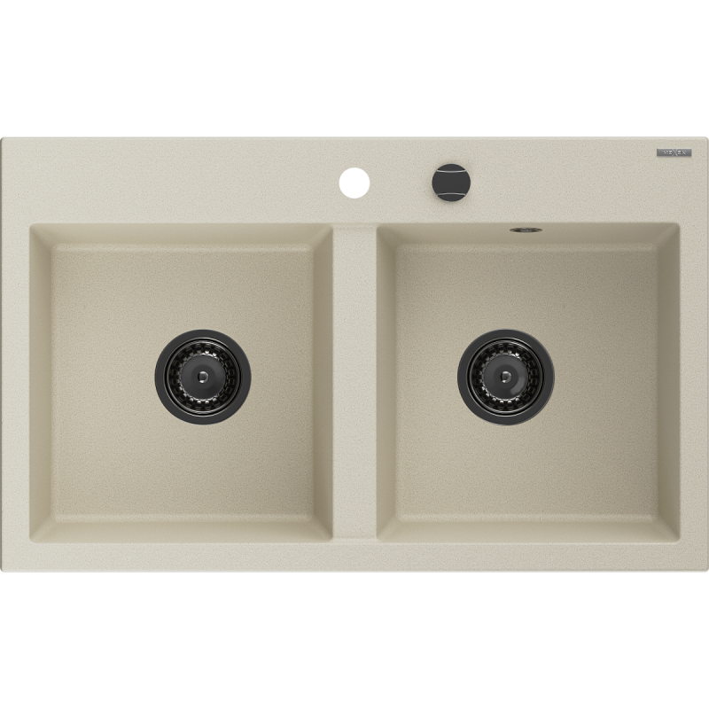 Mexen Hektor Granitspüle 2-Kammer 800 x 480 mm, beige, schwarzer Siphon - 6521802000-69-B