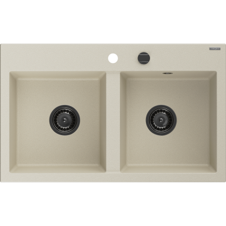 Mexen Hektor granieten spoelbak met 2 kamers 800 x 480 mm, beige, zwarte sifon - 6521802000-69-B