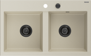 Mexen Hektor Granitspüle 2-Kammer 800 x 480 mm, beige, schwarzer Siphon - 6521802000-69-B