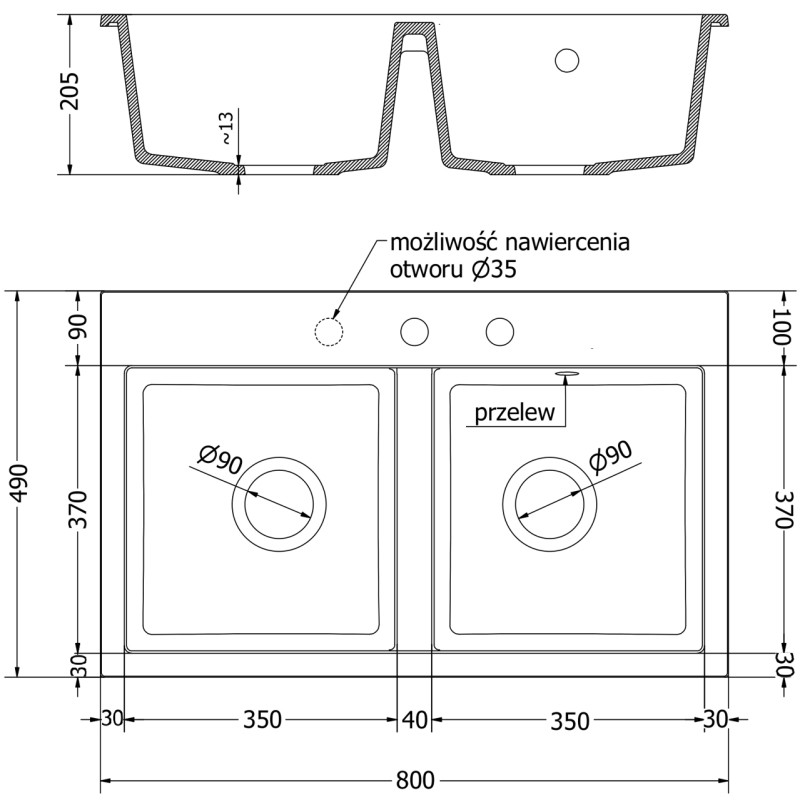 Mexen Hektor granitni sudoper s 2 odjeljka 800 x 480 mm, siva, crni sifon - 6521802000-71-B