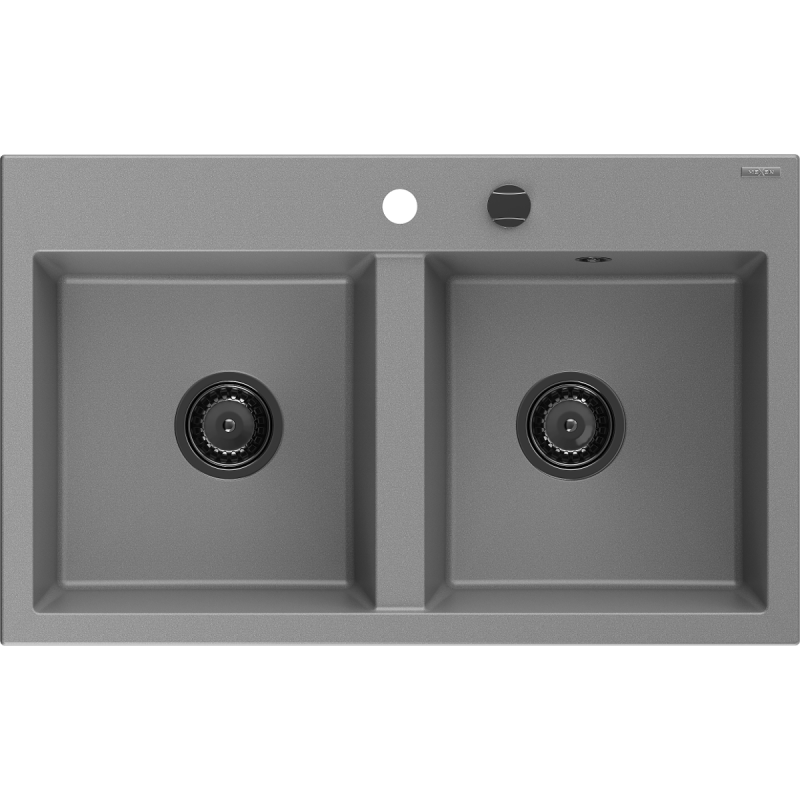 Mexen Hektor granieten gootsteen 2-kamers 800 x 480 mm, grijs, zwarte sifon - 6521802000-71-B