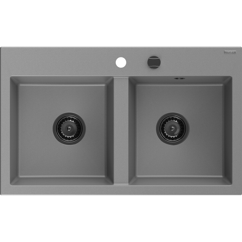 Mexen Hektor granite sink 2-bowl 800 x 480 mm, grey, black siphon - 6521802000-71-B