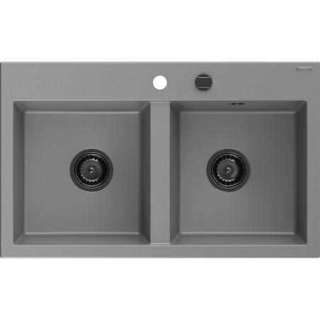 Mexen Hektor granieten gootsteen 2-kamers 800 x 480 mm, grijs, zwarte sifon - 6521802000-71-B