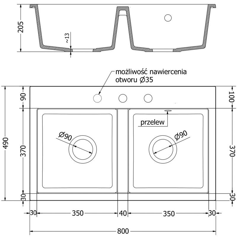 Mexen Hektor zlewozmywak granitowy 2-komorowy 800 x 480 mm, czarny/srebrny metalik, syfon czarny - 6521802000-73-B