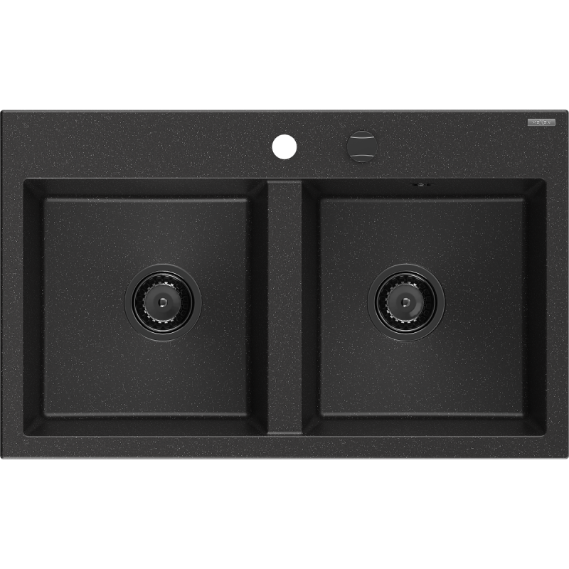 Mexen Hektor granieten gootsteen 2-komoren 800 x 480 mm, zwart/zilveren metallic, zwarte sifon - 6521802000-73-B