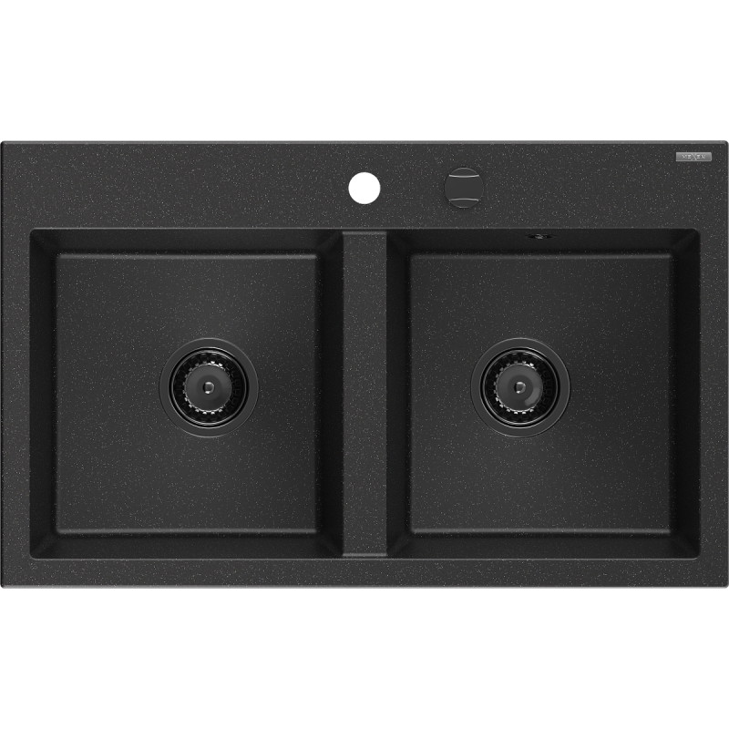 Mexen Hektor granitni sudoper s 2 komore, 800 x 480 mm, crni/srebrni metalik, crni sifon - 6521802000-73-B