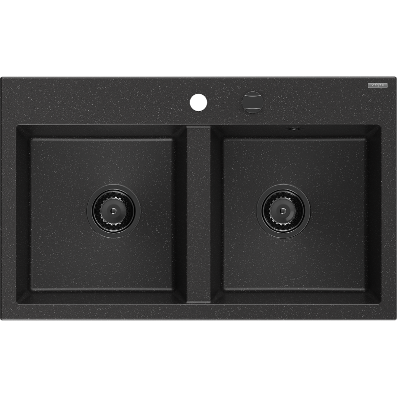 Mexen Hektor Granitspüle 2-beckig 800 x 480 mm, schwarz/silberne Metallic, schwarzer Siphon - 6521802000-73-B