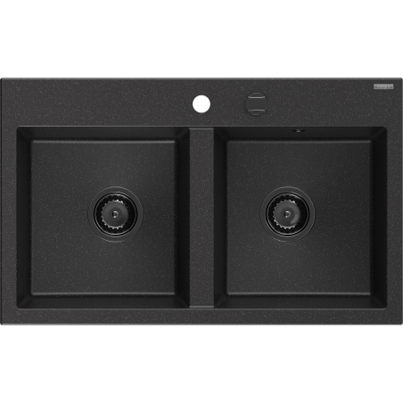 Mexen Hektor évier en granit 2 bacs 800 x 480 mm, noir/argent métallique, siphon noir - 6521802000-73-B
