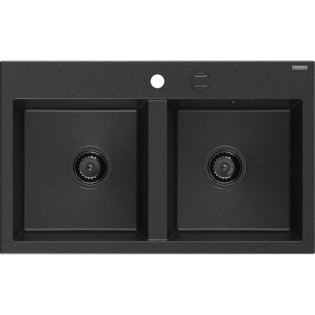 Mexen Hektor granieten gootsteen 2-komoren 800 x 480 mm, zwart/zilveren metallic, zwarte sifon - 6521802000-73-B