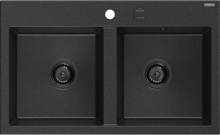Mexen Hektor fregadero de granito de 2 compartimentos 800 x 480 mm, negro/metálico plateado, sifón negro - 6521802000-73-B