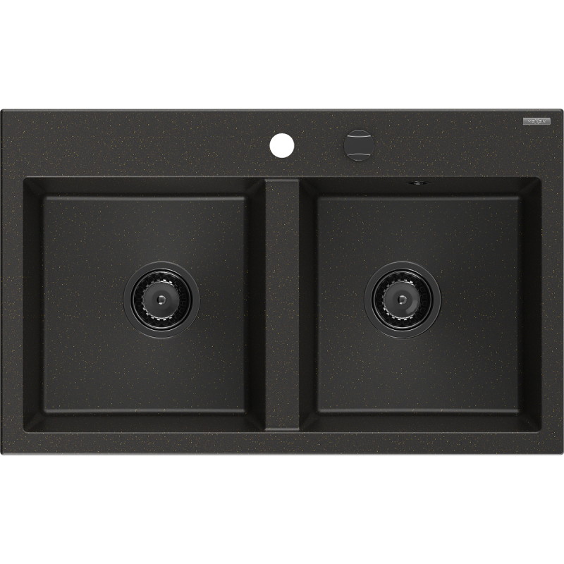 Mexen Hektor granitni sudoper s 2 komore 800 x 480 mm, crni/zlatni metalik, crni sifon - 6521802000-75-B