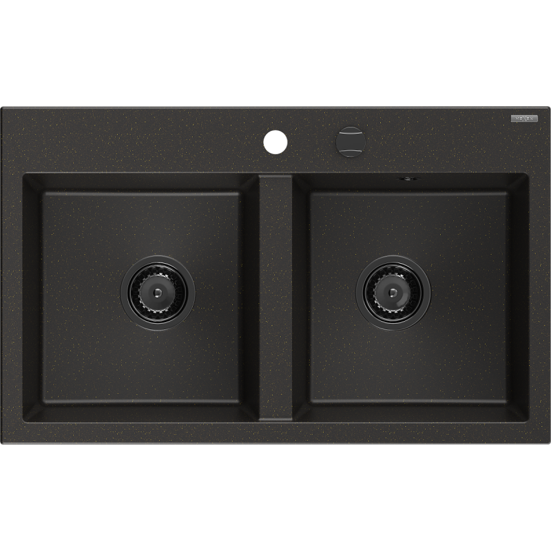 Mexen Hektor Granitspüle 2-Kammer 800 x 480 mm, schwarz/gold metallic, schwarzer Siphon - 6521802000-75-B