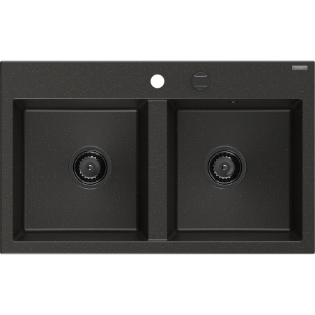 Mexen Hektor granieten spoelbak 2-kamer 800 x 480 mm, zwart/goud metallic, zwarte sifon - 6521802000-75-B