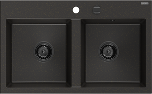 Mexen Hektor Granitspüle 2-Kammer 800 x 480 mm, schwarz/gold metallic, schwarzer Siphon - 6521802000-75-B