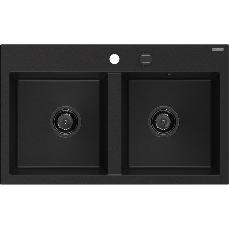Mexen Hektor fregadero de granito de 2 compartimentos 800 x 480 mm, negro, sifón negro - 6521802000-77-B