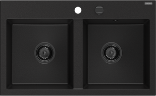 Mexen Hektor granieten spoelbak met 2 compartimenten 800 x 480 mm, zwart, zwarte sifon - 6521802000-77-B