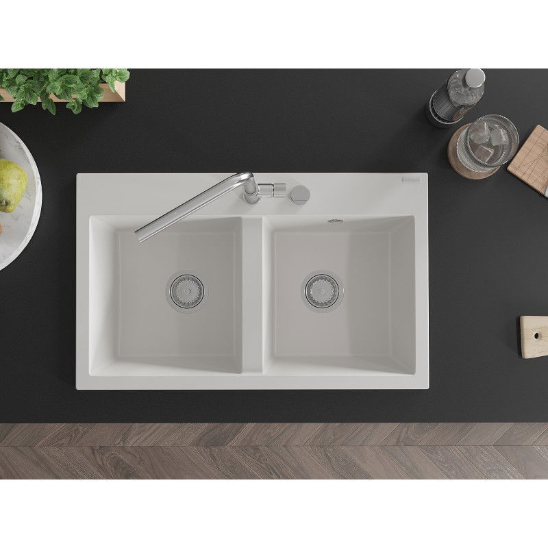 Mexen Hektor lavello in granito a 2 vasche 800 x 480 mm, bianco, sifone cromato - 6521802000-20