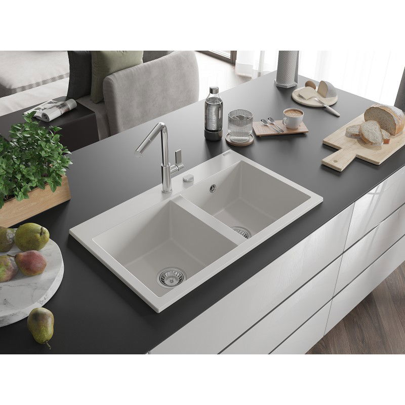 Mexen Hektor lava-loiça em granito de 2 cubas 800 x 480 mm, branco, sifão cromado - 6521802000-20