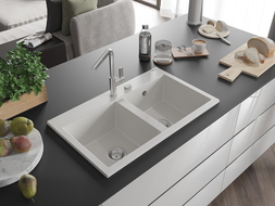 Mexen Hektor fregadero de granito de 2 senos 800 x 480 mm, blanco, sifón cromado - 6521802000-20